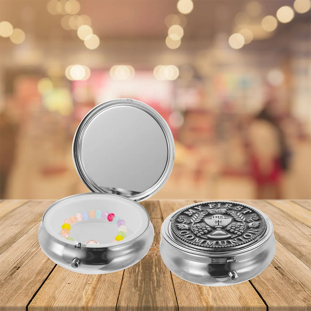 

2pcs Metal Gift Box Rosary Jewelry Storage Round Zinc Alloy Travel Case Vintage Hinged Trinket Box for Communion Brooch Pin