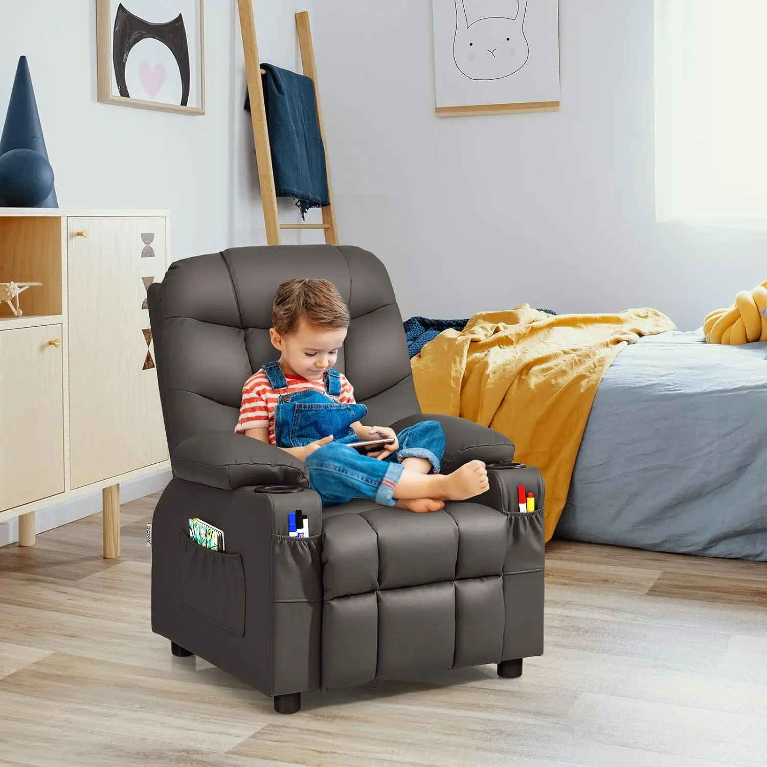 Kids Recliner Chair w/Cup Holder & Side Pockets, Children Recliner w/Comfortable Backrest, Armrests & Footrest, Toddler PU Leath