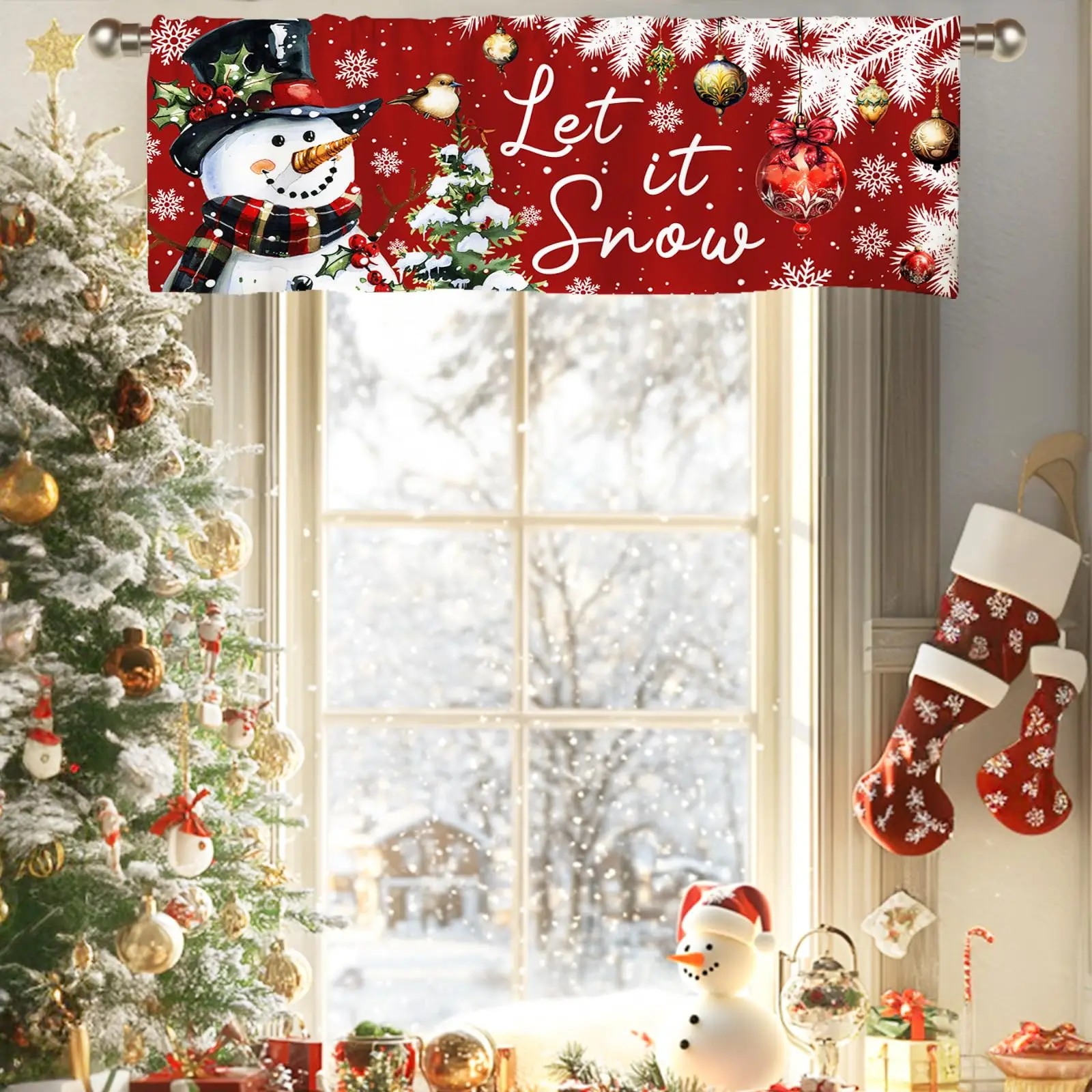 

Snowman Christmas Curtains Decorations Red Curtains Window Valance Living room, kitchen, bedroom Short Curtain for Windows