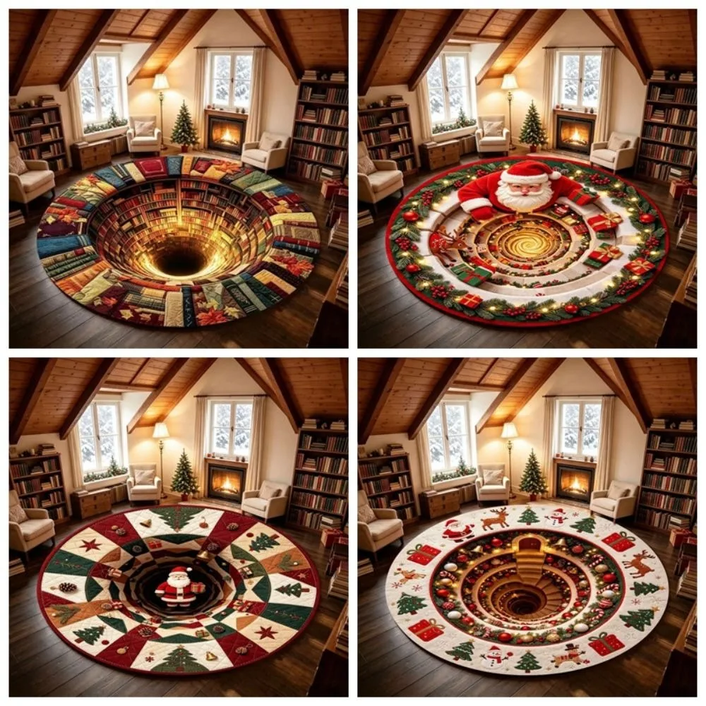 2D Flat Christmas Round Rug Polyester Santa Pattern Vortex Floor Mat Washable Fabric Bottomless Pit Optical Delusion Doormat