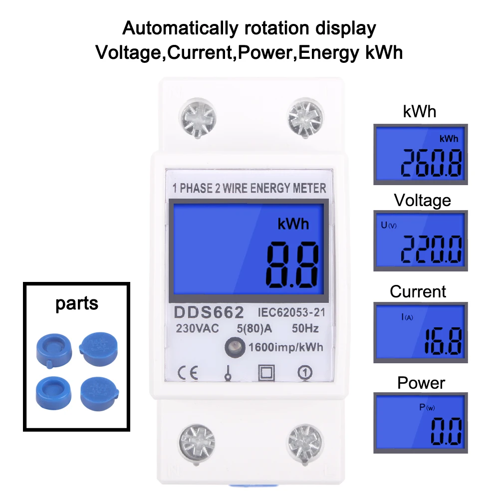 Single Phase LCD Digital Display Wattmeter Power Consumption Energy Meter kWh 230V Electric Din Rail Backlight