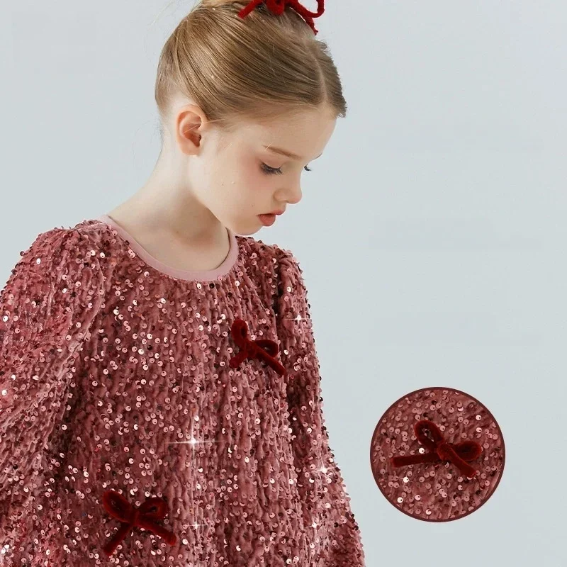 New Year's Eve Dress For Girl Round Neck Long Sleeves Princess Dresses With Sequins Kids Girls Christmas Party Boutique Frocks