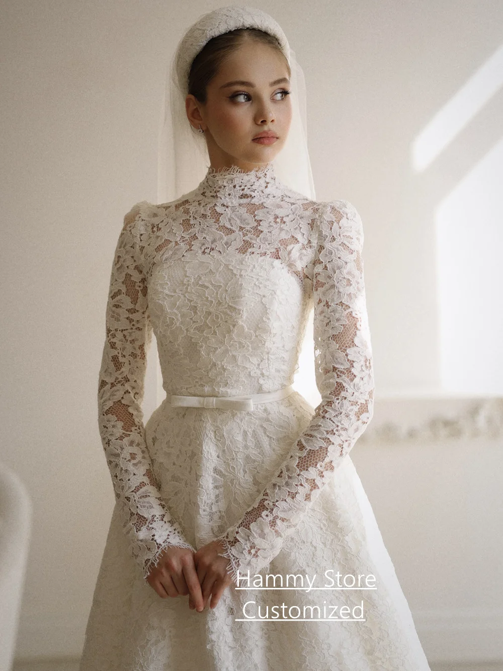 Skromna suknia ślubna szyta na miarę, z wysokim dekoltem, długimi rękawami, kokardą, paskiem, w kształcie litery A, z saudyjskiej koronki, suknia ślubna Vestido De Noiva