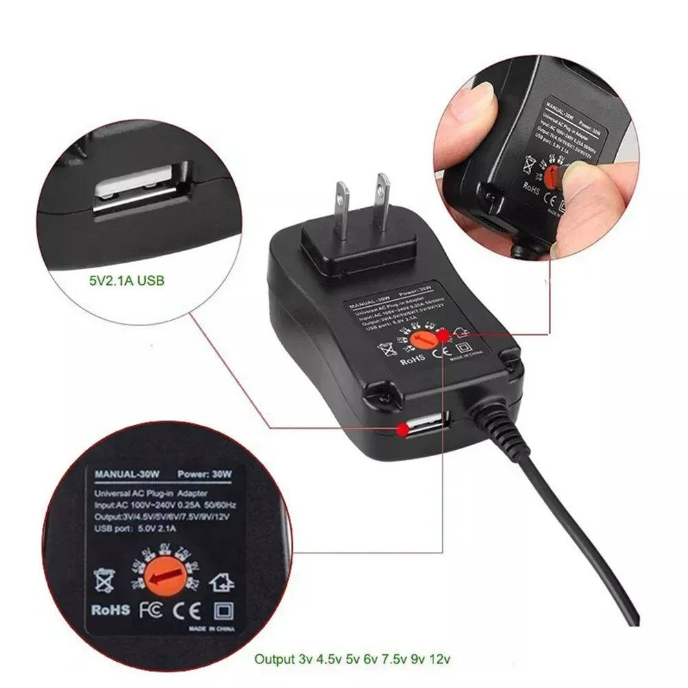 DC 3V 4,5V 5V 6V 7,5V 9V 12V 30W Adapter US EU UK AU Einstellbare Netzteile USB 2.1A Universal Ladegerät Schalter Netzteil – Detail 3