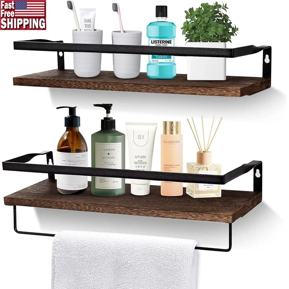 

Плавающие полки Набор из 2 настенных полки для хранения из массива дерева с вешалкой для полотенец Ванная комната Кухня Гостиная Растения