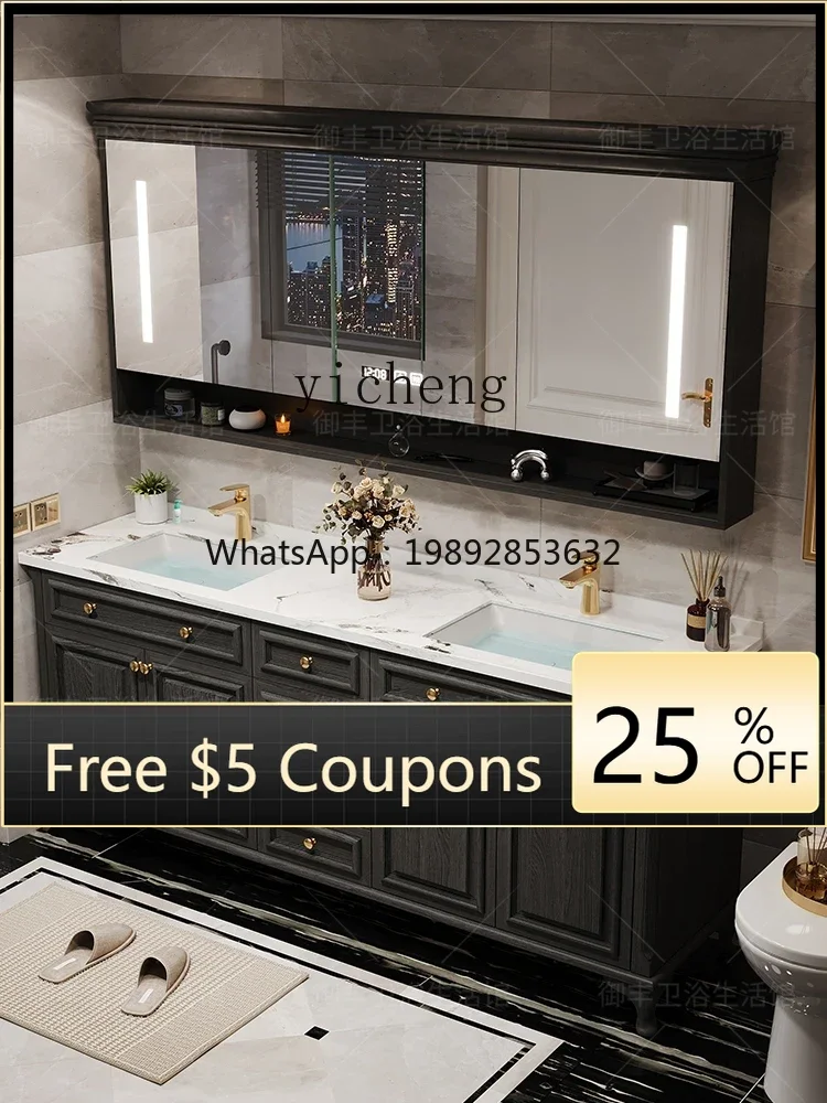 

bathroom cabinet, bathroom, solid wood combination floor-to-ceiling rock slab double basin, intelligent washing table.