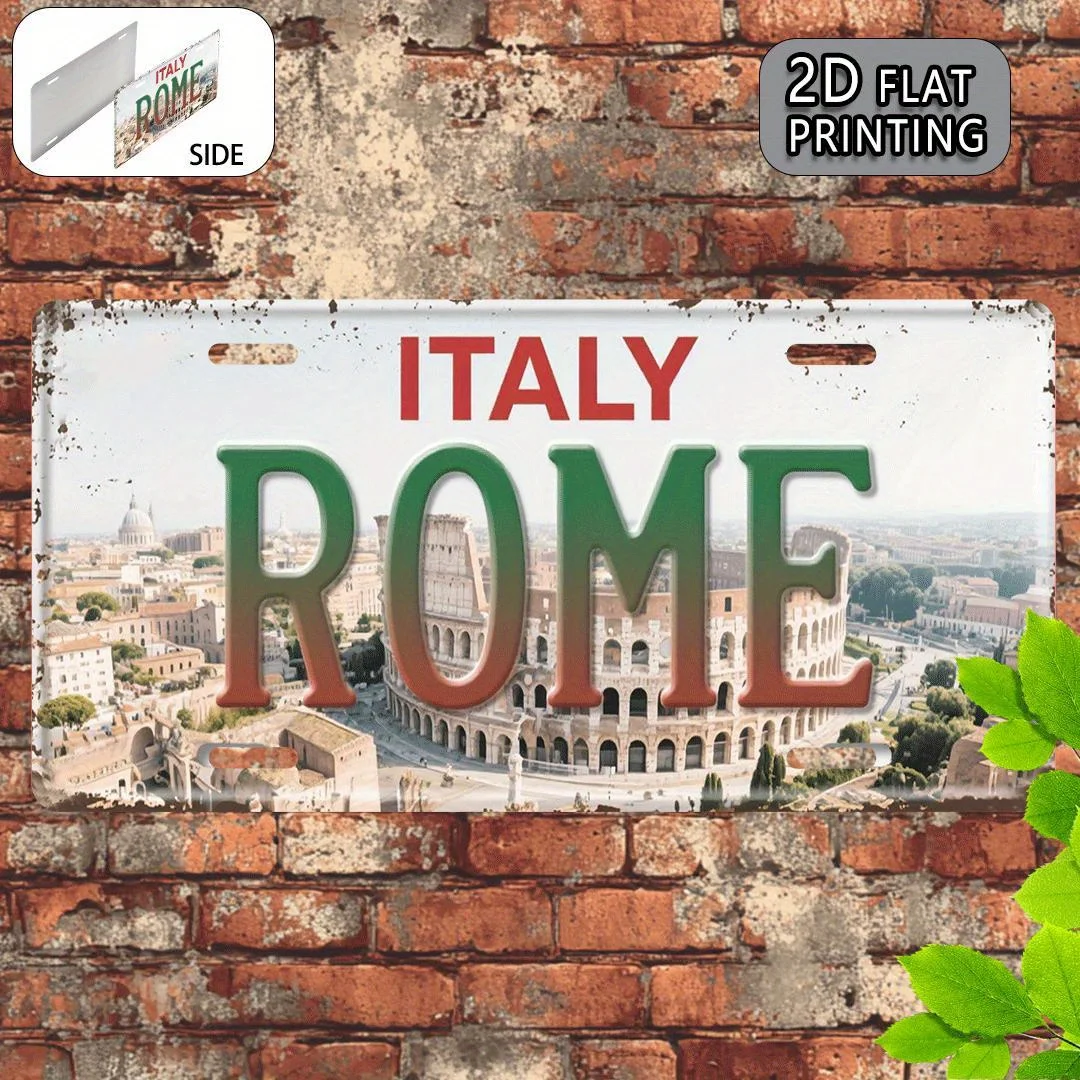 Rome Italy Colosseum License Plate Style 2D Flat Printing Metal Tin Sign, Italian Travel Themed Decorative Aluminum Sign for Hom