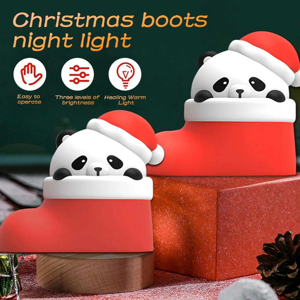 Cute Christmas Panda Boots Night Light Silicone USB Rechargeable Touch Night Lamp Bedroom Timing Lamp Decoration Children's Gift