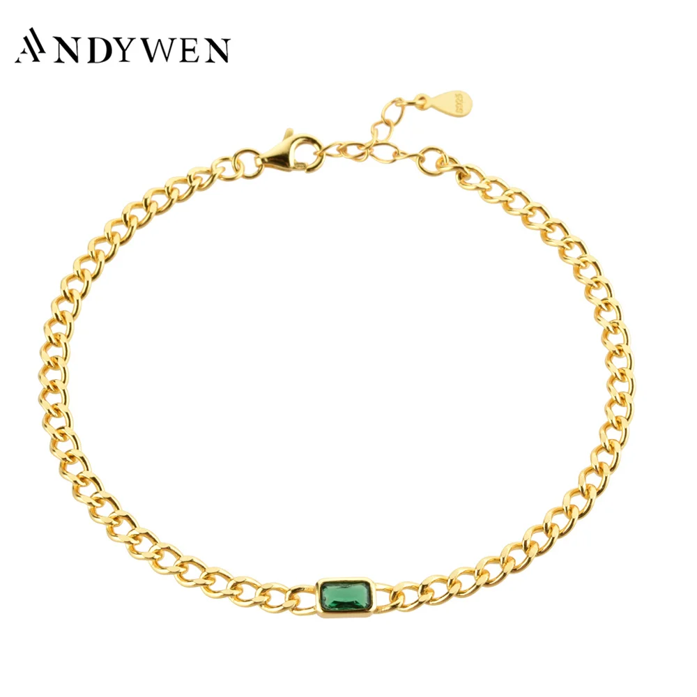 ANDYWEN 100% 925 Sterling Silver Gold Square Green Zircon Charm Pendant Chain Bracelet Women Crystal Luxury Fine Jewelry