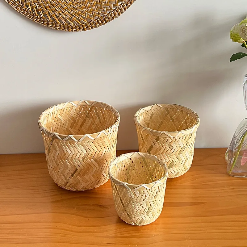 

CZ handmade bamboo woven coffee table desktop living room bedroom study illustration basket storage garbage round storage basket