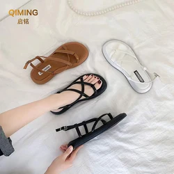 Sandalias de plataforma para mujer, moda de playa de verano, zapatos planos sexis informales cruzados con punta abierta, sandalias negras para mujer, chanclas romanas