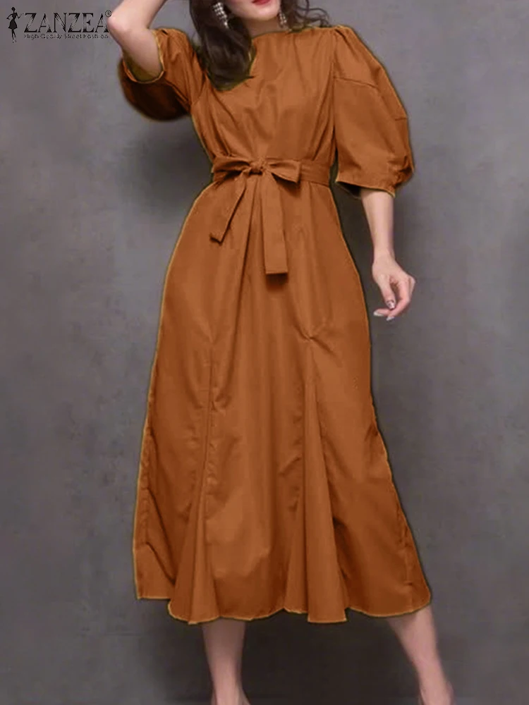 ZANZEA 2025 Frauen Lange Hemd Rüschen Kleid Mode Lässig Solide Elegante Büro Party Vestidos Belted Puff Sleeve Straße Midi Robe