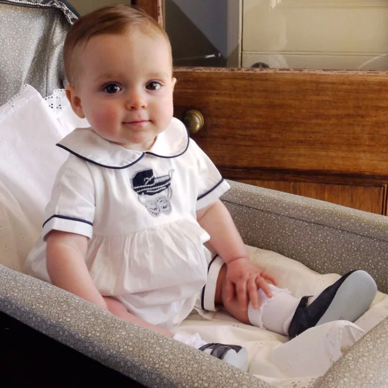 Newborn Baby Romper British Embroidery Cotton Jumpsuit Peter Pan Collar Infant Boy Short Sleeve Onesie Toddler Summer Clothes