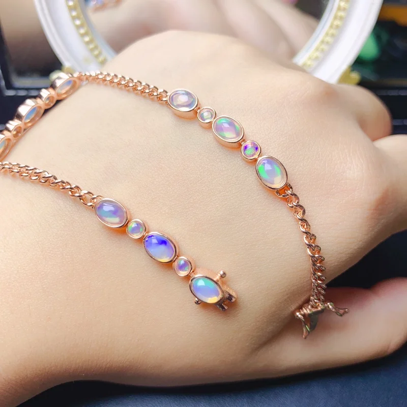 Natural Australia Natural Opal Bracelet 925 Sterling Silver 4*6MM and 3x3mm Gemstone Jewelry for Women Wedding Engagement Gift