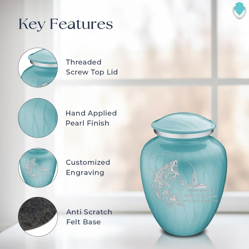 جرة حرق مخصصة لصيد الأسماك باللون الأزرق الفاتح اللؤلؤي للرماد البشري، مناسبة للرجال والنساء، تحمل ما يصل إلى 44 رطلاً