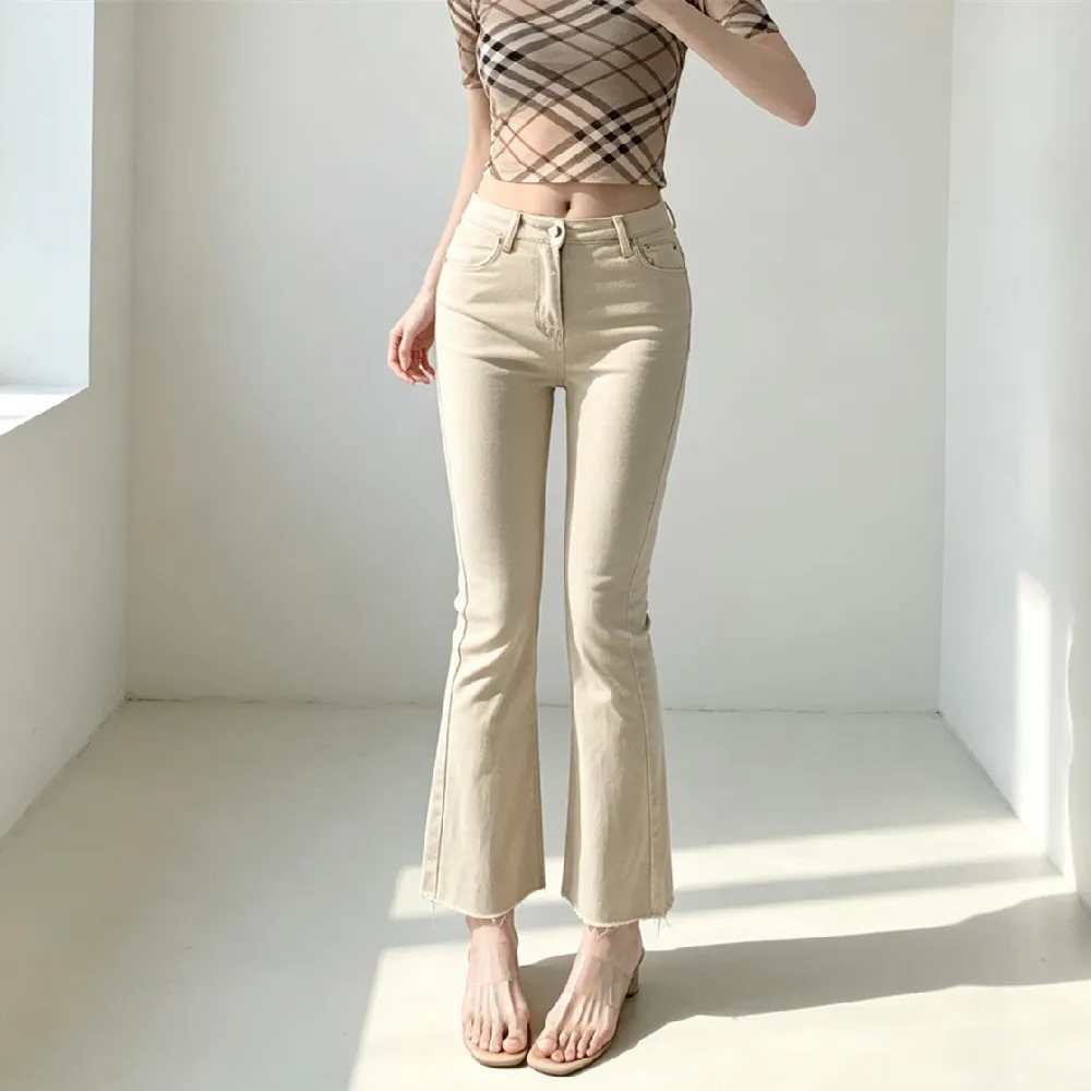 American Retro Women Skinny High Waist Flare Jeans Slim Fit Stretch Boot Cut Denim Pants Burr Cuff Ankle Length Tight Trousers