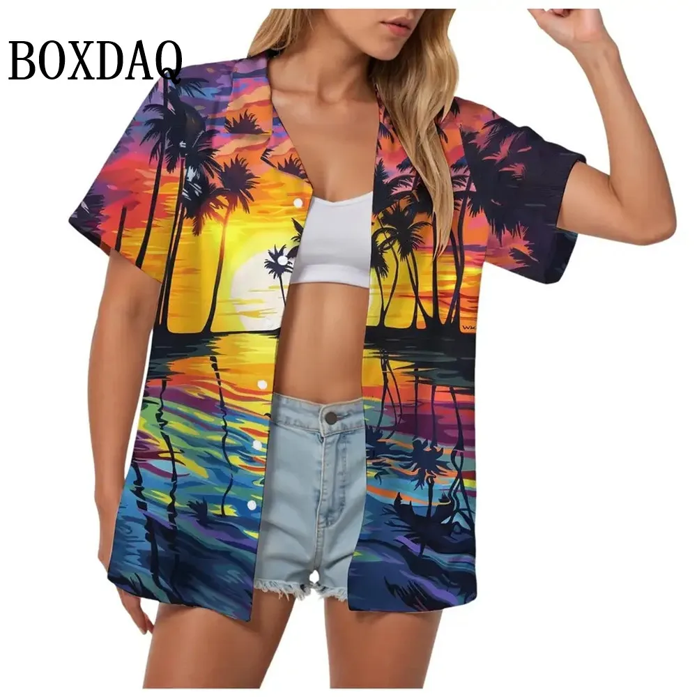 

Summer Beach Holidays Coconut Tree Print Shirts Fashion Women Gradient Landscape Short Sleeve Lapel Blouse Women's Hawaiian Tops