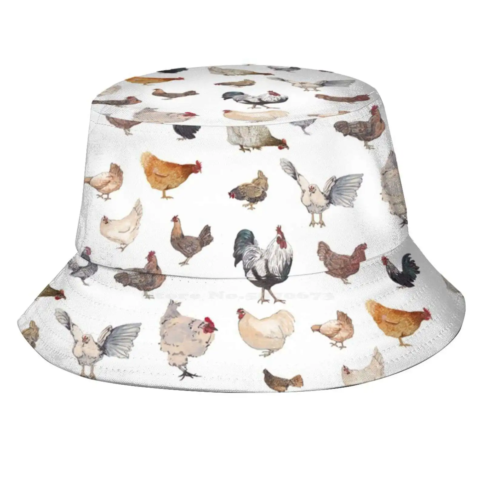 Chicken Happy Print On White Background Sun Cap Fisherman Hat Bucket Hats Chickens Hens Roosters Watercolor Farm Animals Modern