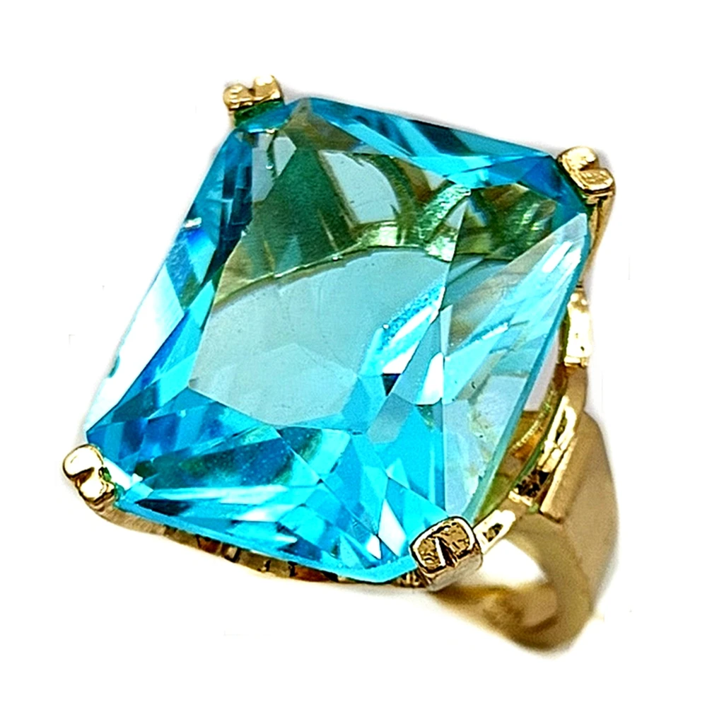 

Fantastic Goldtone Wide Band 4-Prong Oversize Blue Square Stone Solitaire Rings 7 8 9 for Women Cocktail Gala Event Ball Party