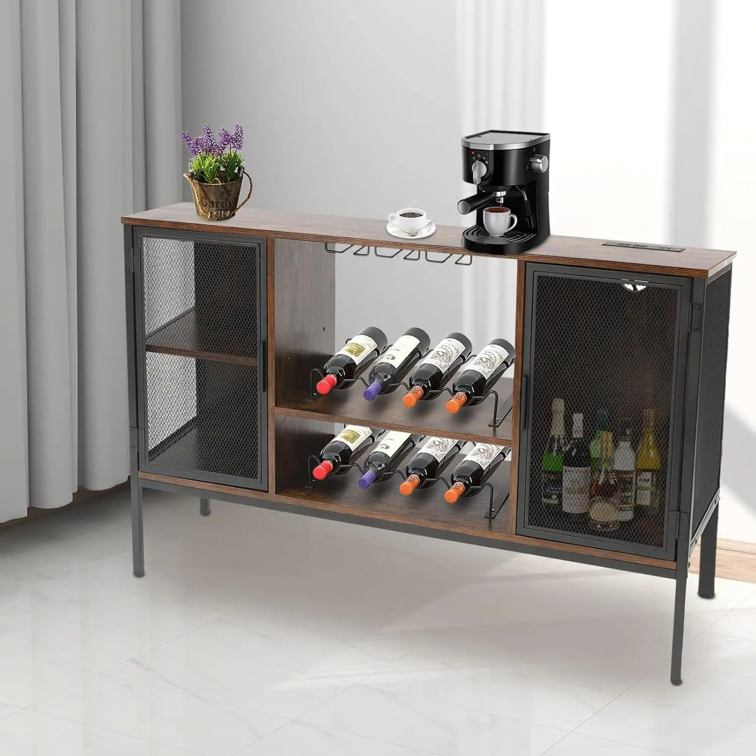 Rustic Bar Cabinet with Power Outlets, Industrial Coffee Station for Liquor & Glasses, Farmhouse Storage Shelf,Customized