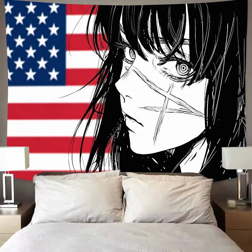 Black Styler Anime Girl Tapestry Background Wall Hanging Manga Art Cloth Teen Bedroom Dorm Party Backdrop Home Wall Decor