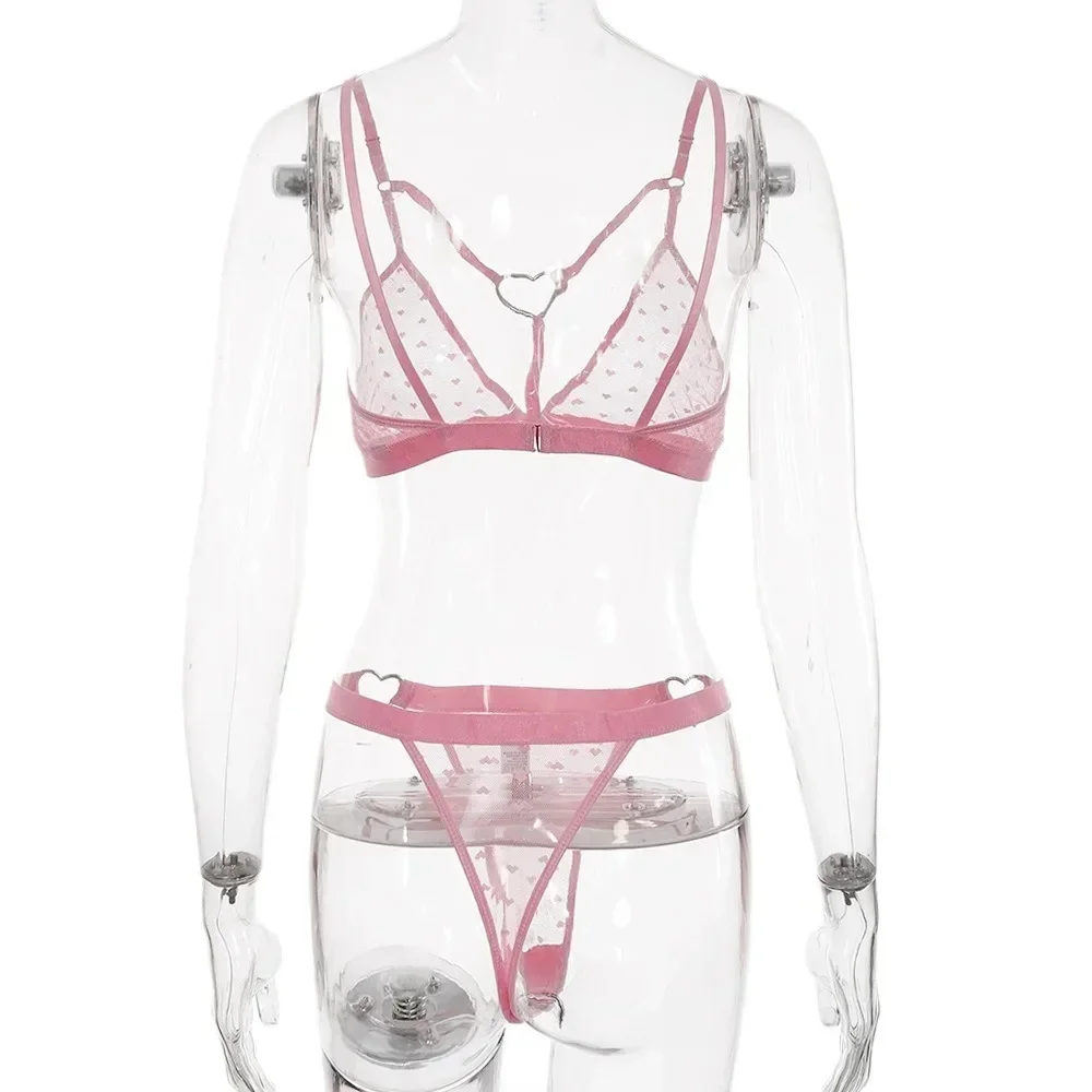 ملابس داخلية وردية مثيرة للنساء ملابس داخلية حمالة صدر دانتيل ومجموعات حفلات ملابس داخلية شفافة للسيدات طقم حمالة صدر ملابس داخلية على شكل قلب