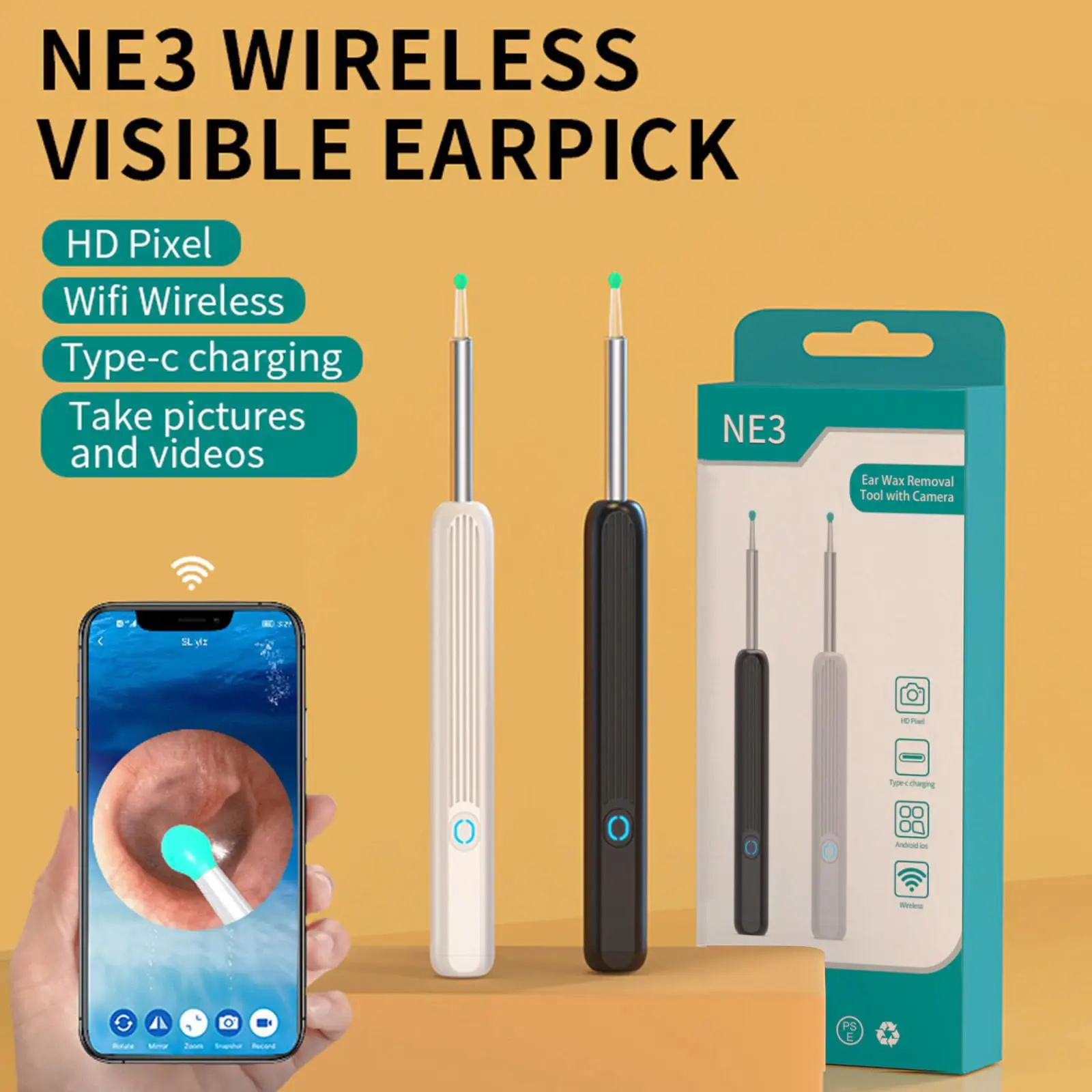 Kit per l'orecchio NE3 con Kit di bastoncini per endoscopio strumento Wireless Smart Visual Ear Cleaner otoscopio rimozione della fotocamera per cerume Dropshipping