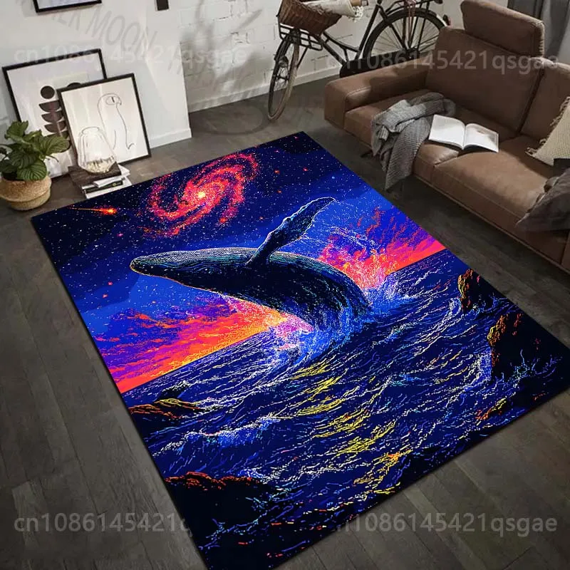 1PC Whale leaping under starry galaxy Print Carpet Rug for Living Room Bedroom Sofa Doormat Home Decor Non-slip Floor Mat