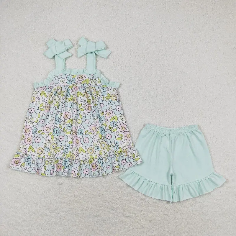 

New rts baby girl summer suit wholesale boutique flower light blue lace suspender shorts setGSSO1018