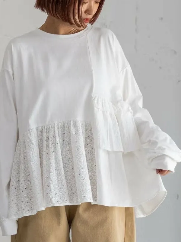 2026 Autumn New Style Japanese Loose Fit Pure Cotton Long Sleeve round Neck Hollow out T-Shirt Women's Top with Stripe Pattern