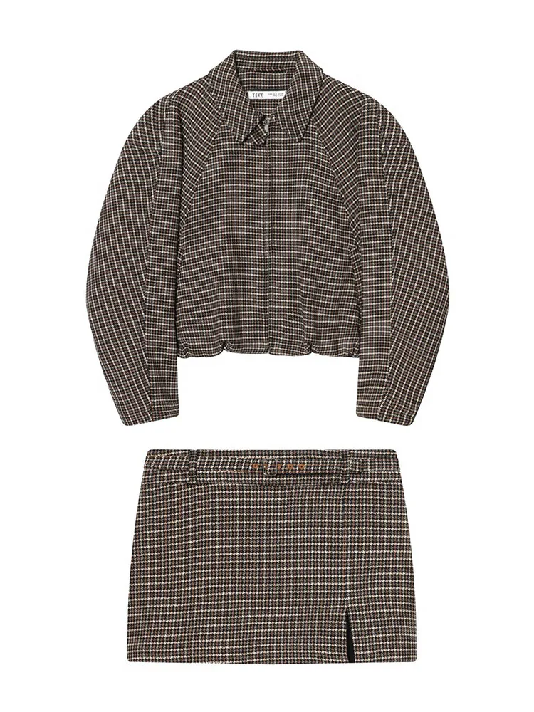 HH 女性の冬の新ファッション千鳥格子綿コート長袖ジッパーボンバージャケット + ハイウエストカジュアルベルト付きキュロットセット Mujer