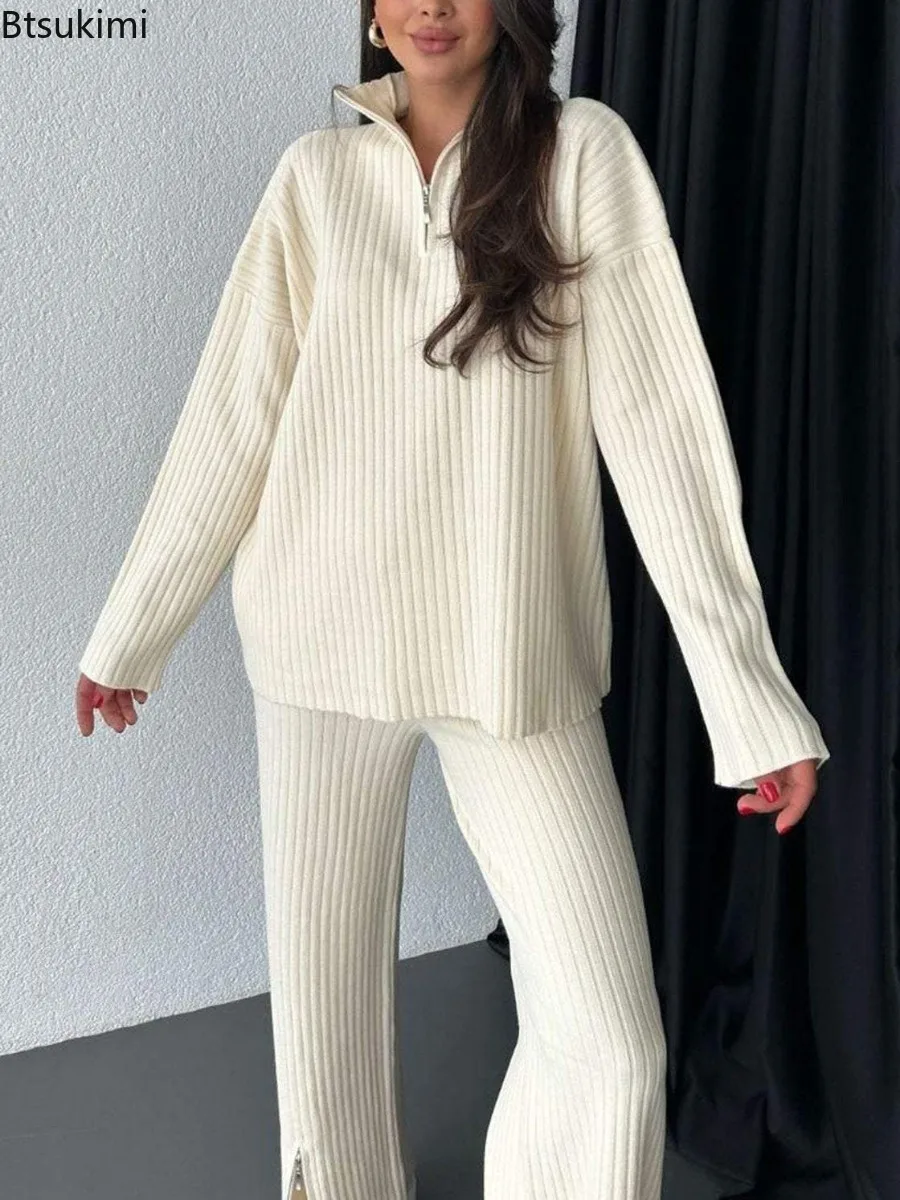 2026 Women's Zipper High Neck Ribbed Two Piece Pant Sets Casual Pullover Warm Tops and High Waist Split Wide Leg Trousers Suit