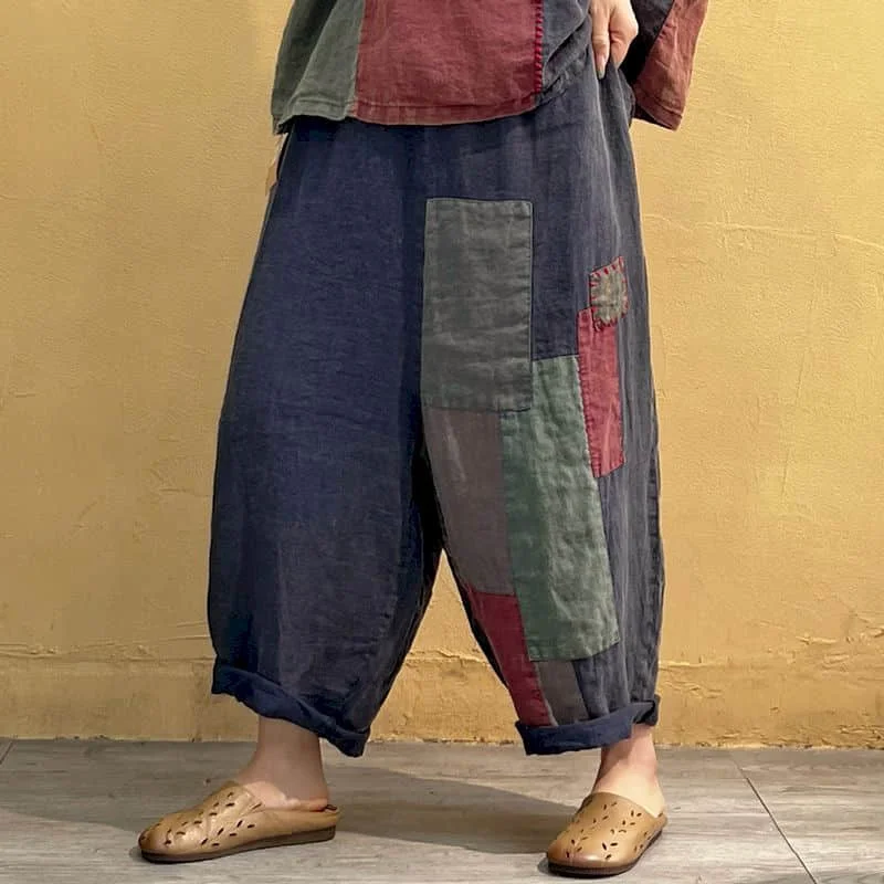 Cotton Linen Pants Sets Patchwork Vintage Shirt and Casual Harem Pants Oversized Korean Fashion Two Piece Sets Women Outfits