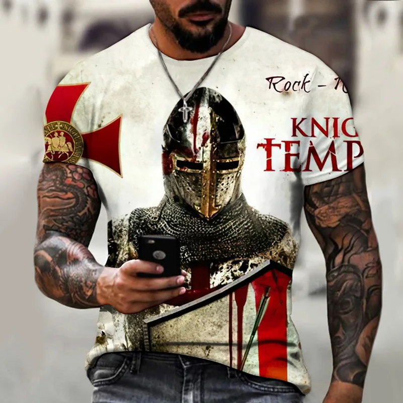 Camiseta con estampado 3D de templario para hombre, camiseta cruzada de calle Harajuku para hombre, camiseta de manga corta de gran tamaño, Top Vintage