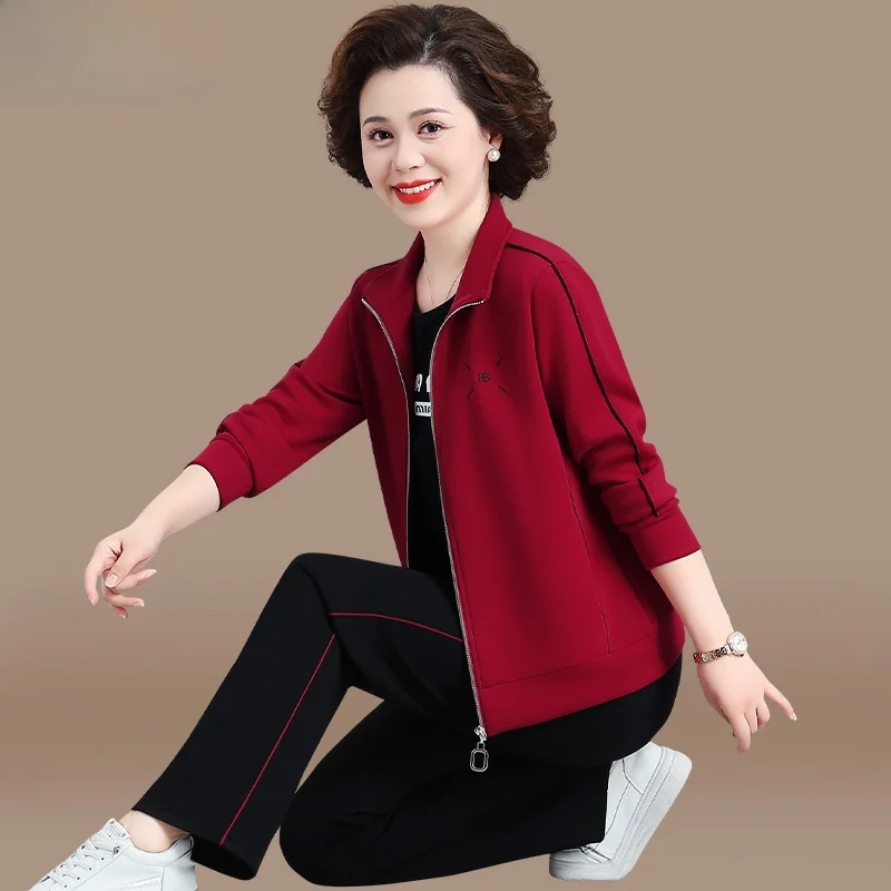 

Повседневный спортивный костюм для женщин 50 лет: весенне-осенняя верхняя одежда, свободные длинные брюки, застежка-молния, стандартная длина рукавов