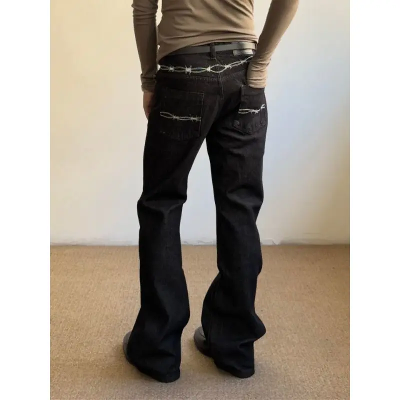 Men's Minimally Embroidered Jeans Casual Retro Sweatpants Cool Boy Pants High Waist Bottoms Male Wide Leg Straight Trousers