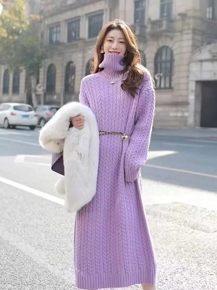 Winter Women\'s Sweater Dresses Korean Version Casual Commuter High Collar Loose Thickened Warm Pullover Long Dress Women Clothes