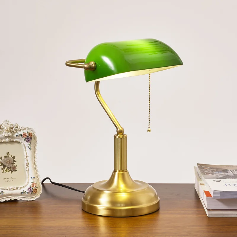 

European Style Pull Switch Bank Table Lamp Glass Lamp Retro Office Desk Lamp Living Room Bedroom Study Bedside Desk Lamp