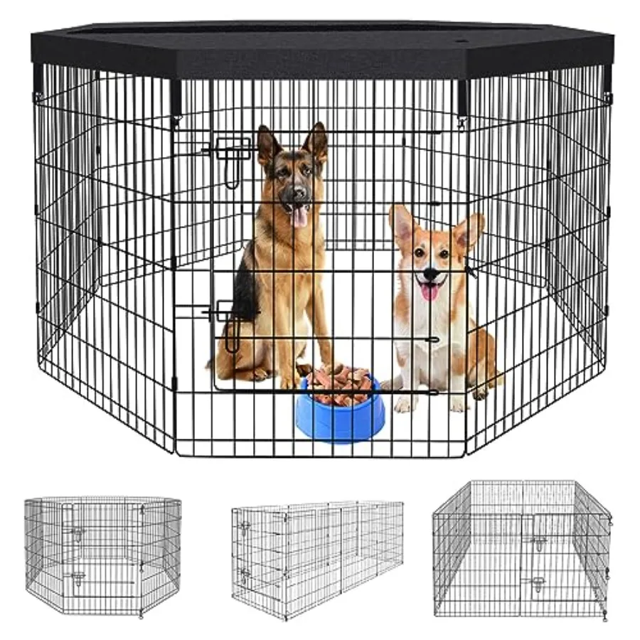 

Pet Playpen Dog Fence Foldable Metal Dog Pen Wire Exercise Puppy Play Yard Pet Enclosure Indoor Outdoor 8 Panels 36 Inch with B