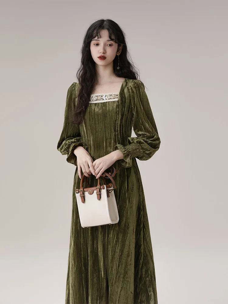 TIYIHAILEY Spring Autumn Women Velvet Dress Full Sleeve Long Mid-Calf Ladies S-L Vintage High Waist 2026 Square Collar Green