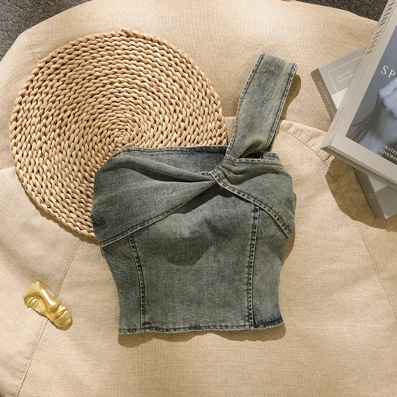 

American Retro Denim Strap Vest Women Summer Outdoor ort Sexy Spicy Svel Tube Top Single oulder Bal Top