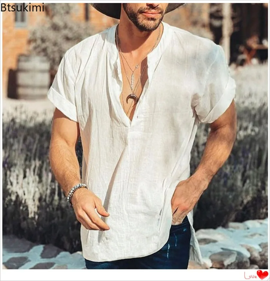 

New Men's Summer Casual Shirts Top Solid Lapel Cotton Linen Short Sleeve Simple Shirts Men Fashion Hawaiian Beach Shirts Tops