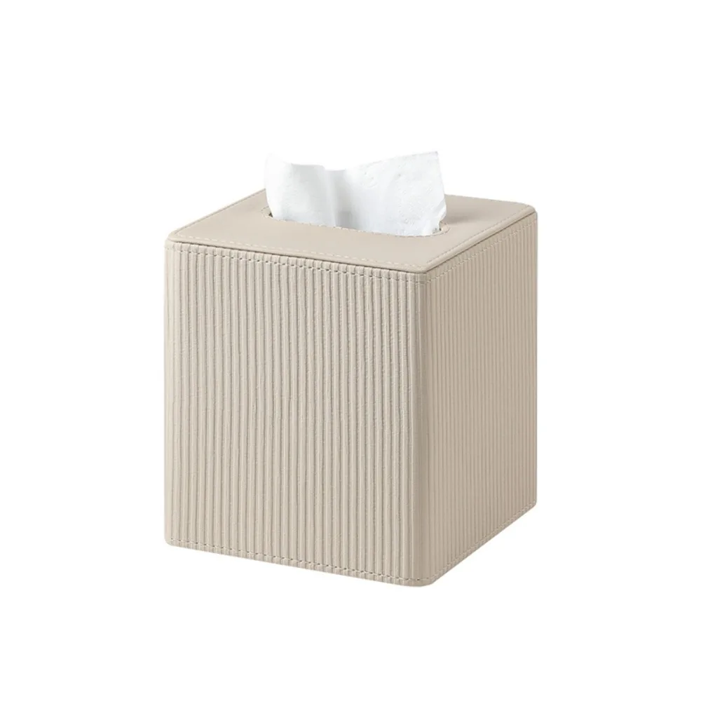 

PU Leather Square Tissue Box Roman Column Stripe Magnetic Closure Tissue Dispenser Short Pile Lining Widened Opening