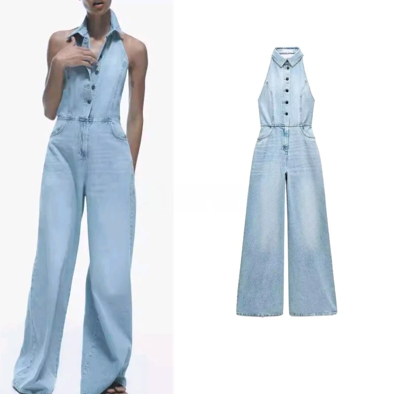 

Новая осенняя женская рабочая одежда с воротником на одной пуговице, джинсовые комбинезоны с высокой талией, широкие брюки, длинные брюки, полиэстер...