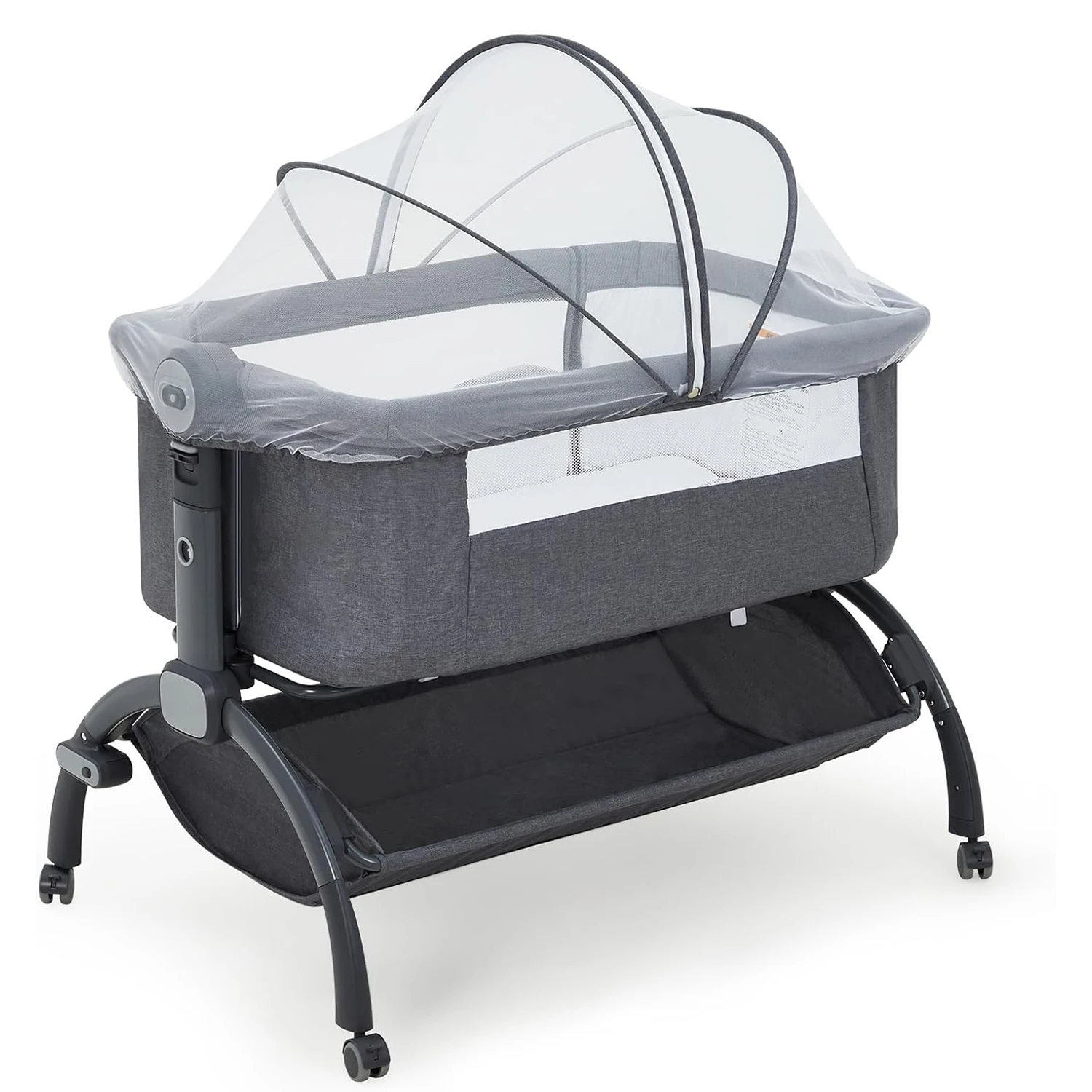Moisés junto a la cama para bebé, cuna para dormir de viaje 3 en 1 con mosquitera desmontable, cesta de almacenamiento, ruedas, ajustable