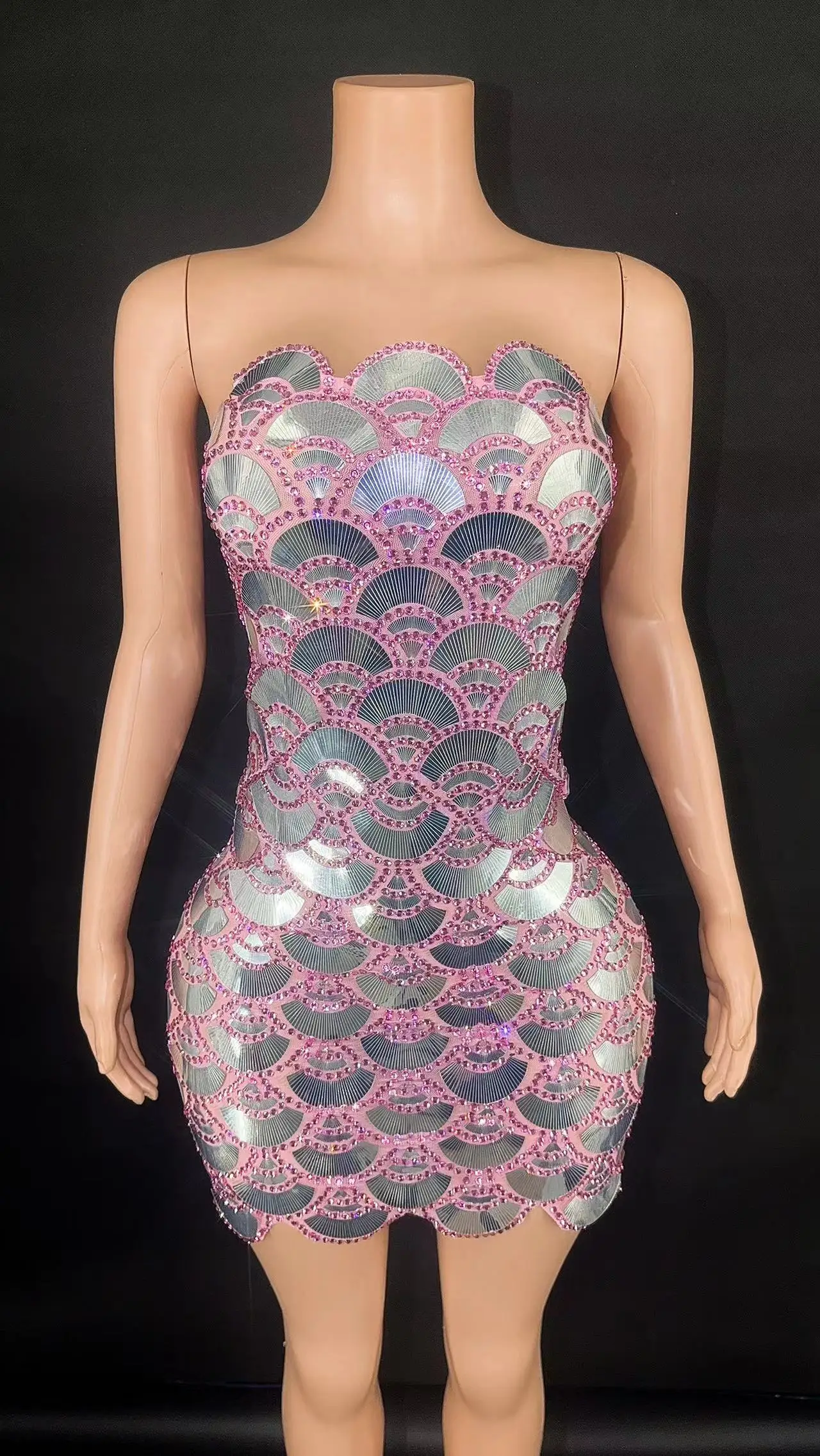 

Sexy Sparkly Multicolor Rhinestones Sleeveless Mesh Transparent Short Dress Women Birthday Celebrate Prom Dance Dress Plus Size