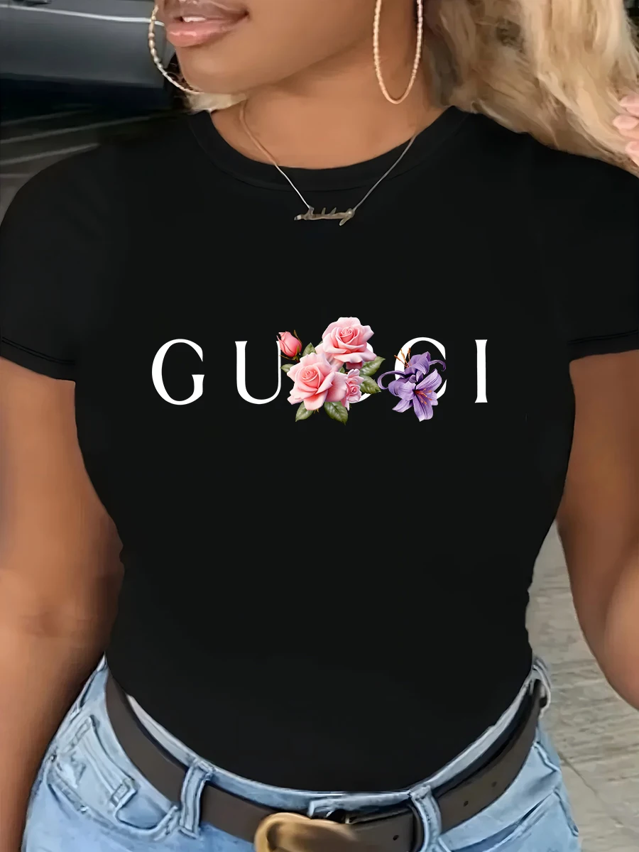 تي شيرت نسائي قطن 100% عالي الجودة مطبوع عليه حروف يومية بلوزة علوية صيفية كلاسيكية بأكمام قصيرة للسيدات #1