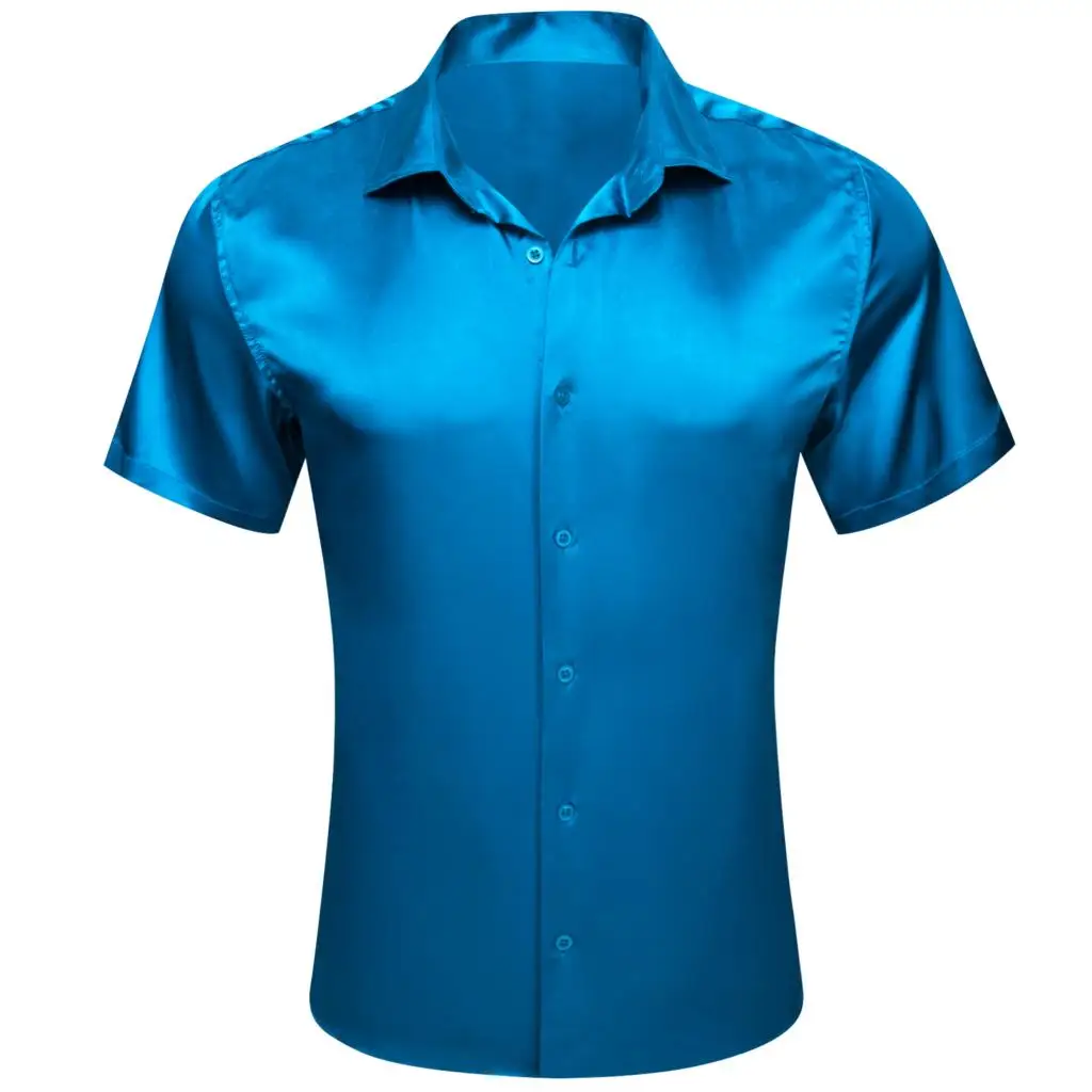 Luxury Men\'s Shirts Short Sleeve Silk Solid Satin Blue Gold Teal Green Gray Pink Slim Fit Casual Summer Tops Clothes Barry Wang