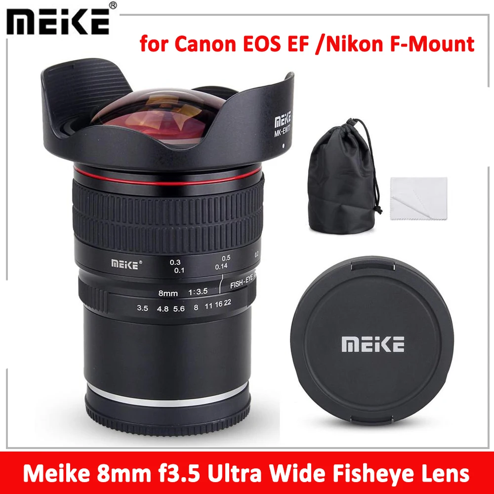 

Meike 8mm f/3.5 Manual Ultra Wide Angle Fisheye Lens for Canon EOS EF Nikon F-Mount Sony E-Mount Lumix M4/3 Cameras APS-C