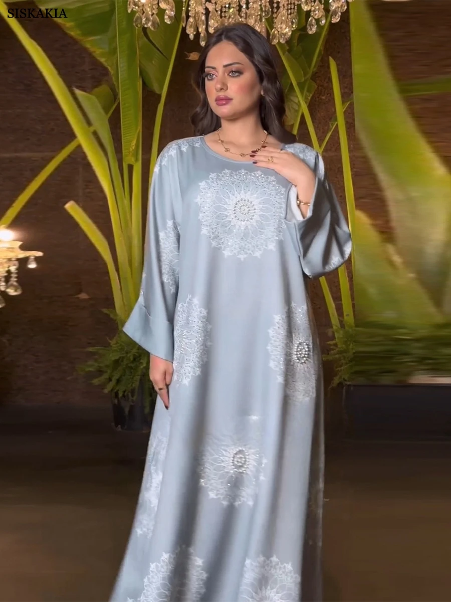 Siskakia moda cekiny diamenty z długim rękawem O-Neck islamska sukienka muzułmańska Kebaya kobiety Kaftan na co dzień luźna szata Musulmane Femme